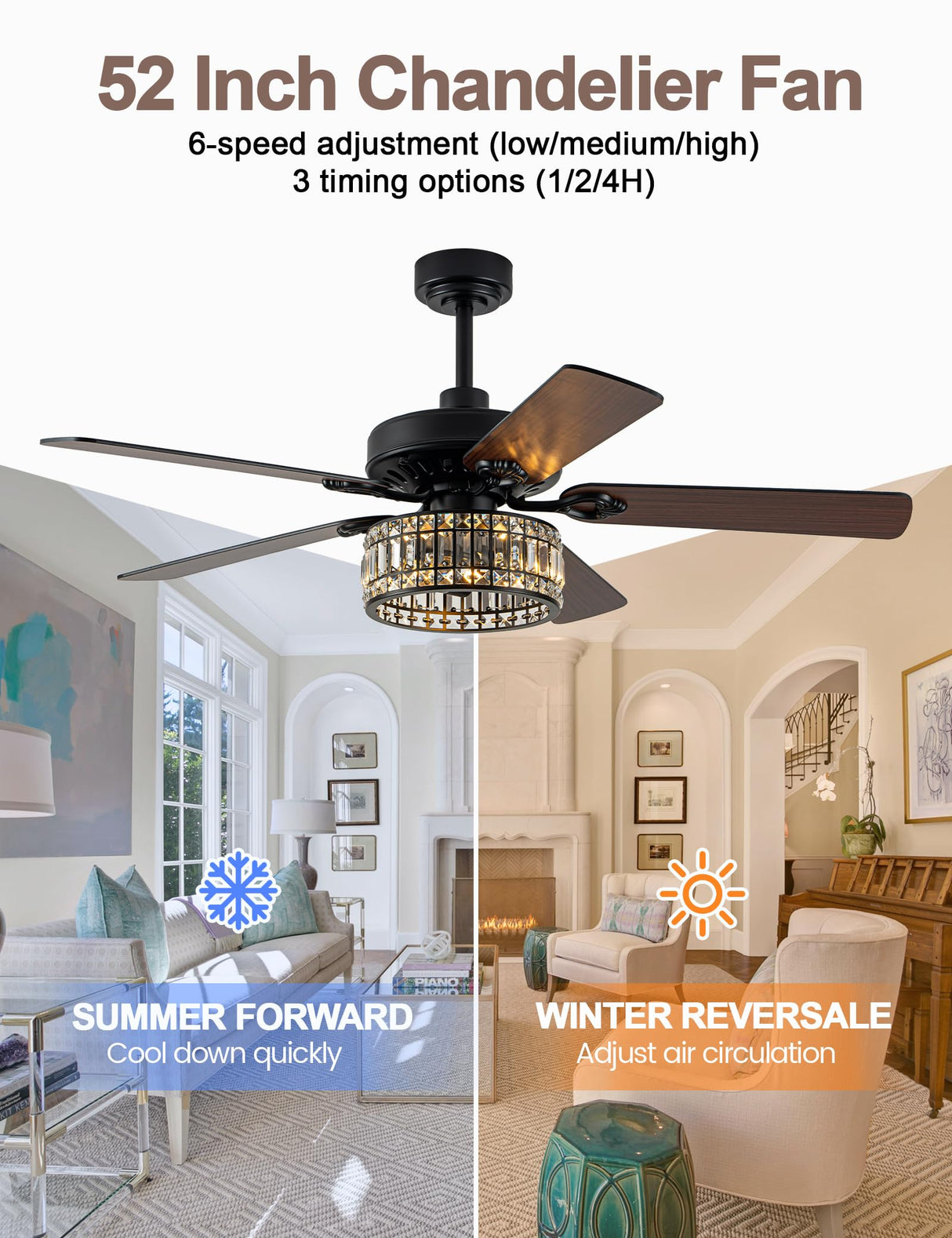 Curve Curio 52 Inch Black Chandelier Fan Crystal Farmhouse Ceiling Fan with Light Quiet and Reversible DC Motor for Living Room Bedroom Patio Curve Curio