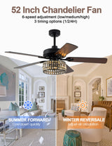 Curve Curio 52 Inch Black Chandelier Fan Crystal Farmhouse Ceiling Fan with Light Quiet and Reversible DC Motor for Living Room Bedroom Patio Curve Curio
