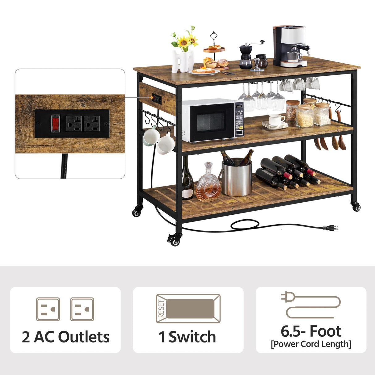 Yaheetech Kitchen Island with Power Outlet, Rolling Kitchen Cart with Wine Rack & Glass Holder & Hooks, Coffee Bar Microwave Stand Wine Rack Table for Dining Room, 47.5" W x 24" D, Rustic Brown Yaheetech