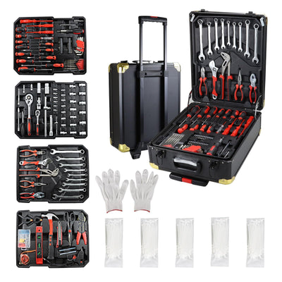 899 pcs Aluminum Trolley Case Tool Set, Removable Portable Hand Toolbox Set with 4 Drawers and Wheels for Household Repairs, Auto Maintenance, Construction, Garden (Black)