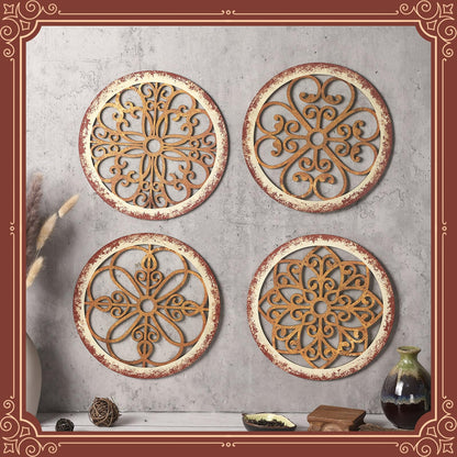 Yulejo 4 Pcs Thicken Rustic Wall Decor Farmhouse Wall Art Wooden Hollow Carved Design Decor Rustic Round Wall Art for Living Room Bedroom Hallway Decor Kitchen Wall (Light Brown,9.8 x 9.8 Inch)