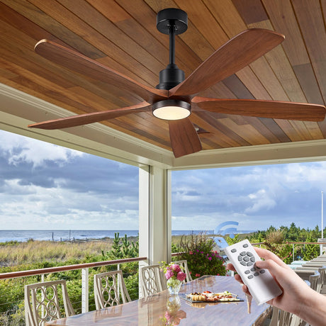 ABZ Ceiling Fans with Lights Remote Control - 60 inch 5 Blades Walnut Wood Propeller Brown Ceiling Fan DC Reversible Motor for Outdoor Indoor Patio Porch Bedroom Living Room Farmhouse ABZ