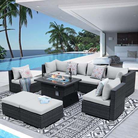 NICESOUL® 29.3'' High Back Plus Size Rattan Outdoor Patio Furniture Sectional Sofa Sets with Natual Gas/Propane Fire Pit Table, Outdoor Wicker Conversation Couch Sets Grey 9 Piece NICESOUL