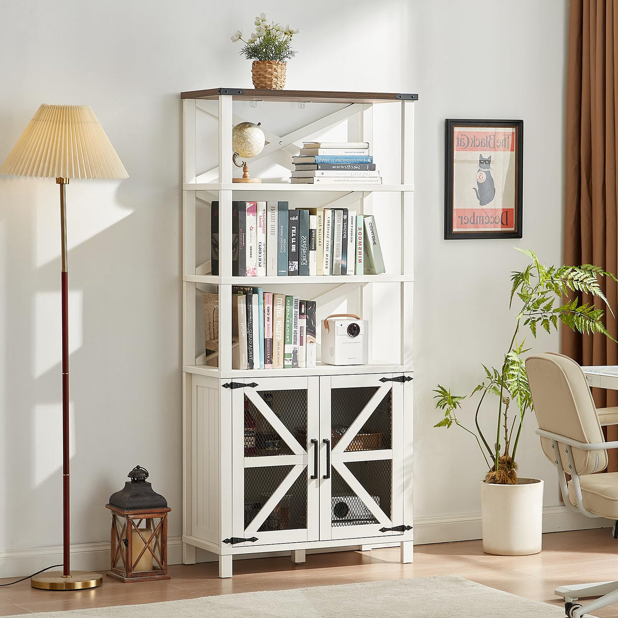 Joaxswe 5 Tier Bookshelf 70" Tall Bookcase with Barn Doors,Large Farmhouse Display Book Shelf with Adjustable Shelves and Storage Cabinet，Library Wood Bookshelves for Living Room,Kitchen,Rustic White Joaxswe