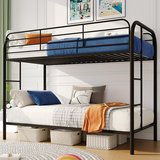 YIORTWO Metal Bunk Bed Twin Over Twin, Modern Style Bunk Bed with Curved Edges Safe Guardrail for Small Space, Loft Bed for Adults Kids Teens, Noise Free, No Box Spring Needed, Black