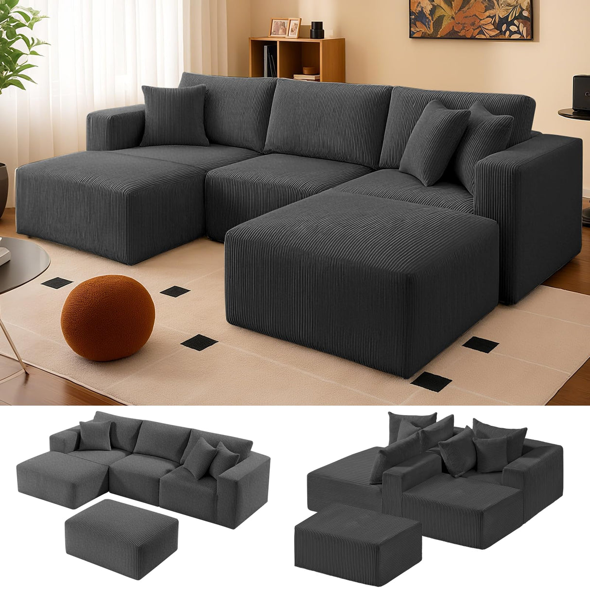 104" Cloud Couch Sectional, U Shaped Boneless Couches for Living Room, Corduroy Modern Modular Sectional Sofa, No Assembly Required (Grey, U-Shaped) cidludto