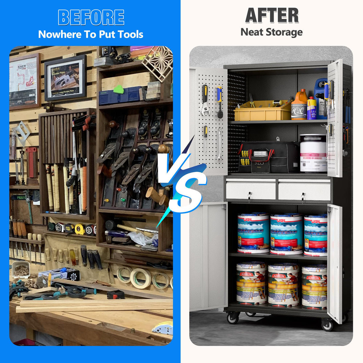 METALYEYE 71''H Metal Storage Cabinet with Wheels & Pegboard,Rolling Lockable Tool Cabinet with Adjustable Shelves & 2 Drawer for Garage,Offices,Homes,Pantries Assembly Required METALYEYE