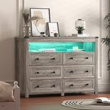Dresser for Bedroom with 6 Drawers, Wide Chest of Drawers with LED Light and Power Outlet, Wooden Closet Organizer Clothes Storage Cabinet, Modern Double Dressers for Living Room, Hallway, Grey Xixini