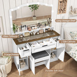 usikey Farmhouse Vanity Desk with Large Lighted Mirror and 10 Lights, 43.3" Glass Tabletop Makeup Vanity with 3 drawers, Large Vanity Tabel Set with Long Shelf, 2 Cabinets and Stool, Antique White usikey