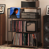 Huxitocan 4 Tier Large Record Player Stand, Holds Up to 380-450 Albums Turntable Stand with 4 Adjustable Divider Vinyl Record Cabinet Turntable Stand for Albums DVD Shelf Books Magazines Files Huxitocan