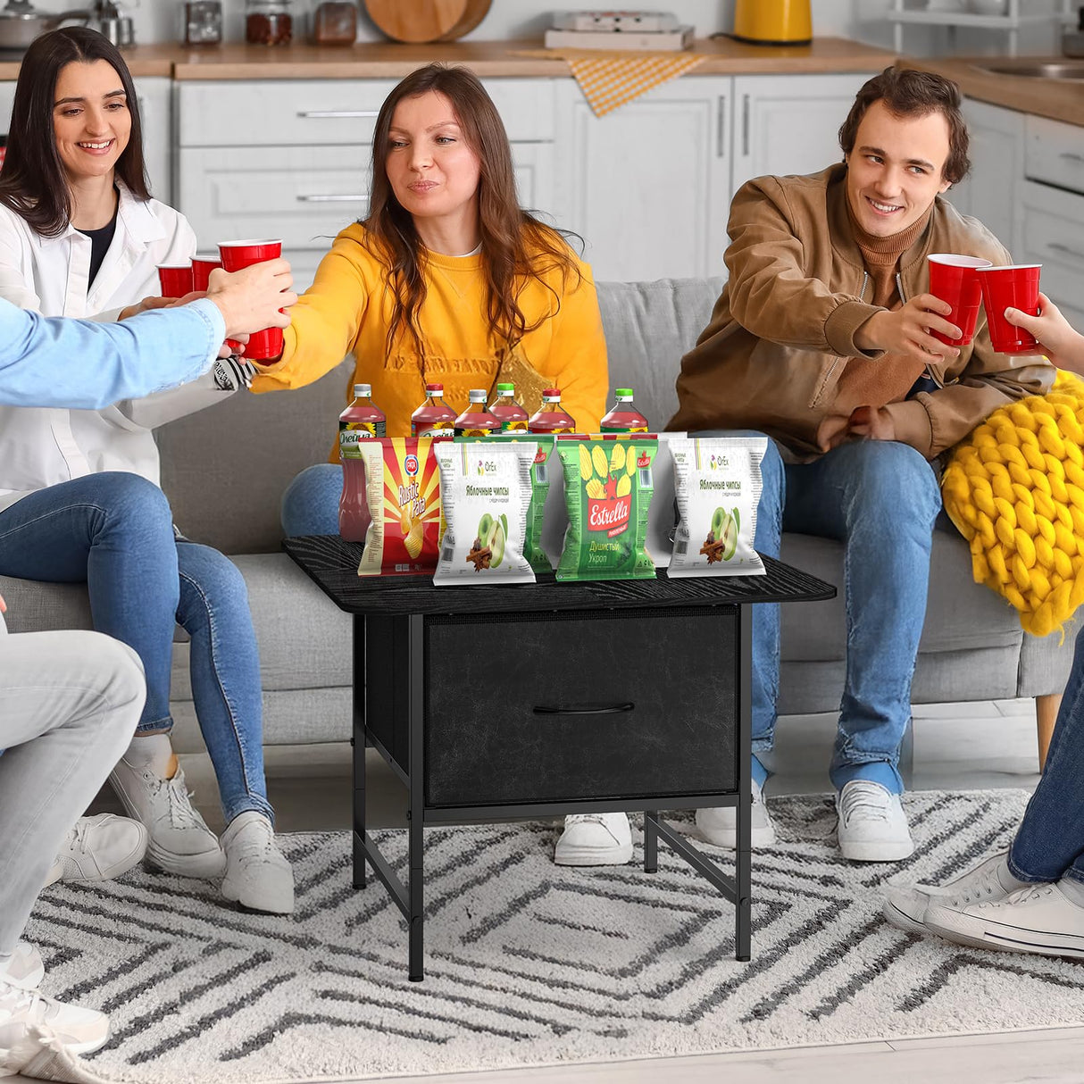 Shinoske Square Coffee Table with Storage Drawer,Small Black Coffee Tables for Living Room,2-Tier Farmhouse Center Table with Round Corners for Small Space,Apartment,Office Shinoske