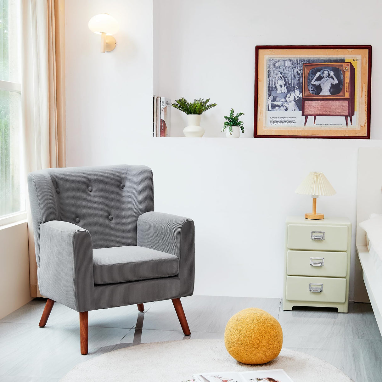 PrimeZone Mid-Century Modern Accent Chair - Comfy Corduroy Living Room Chair, Reading Chair with Button Tufted Design & Wing Back, Cozy Upholstered Armchair for Bedroom, Corner, Grey PrimeZone