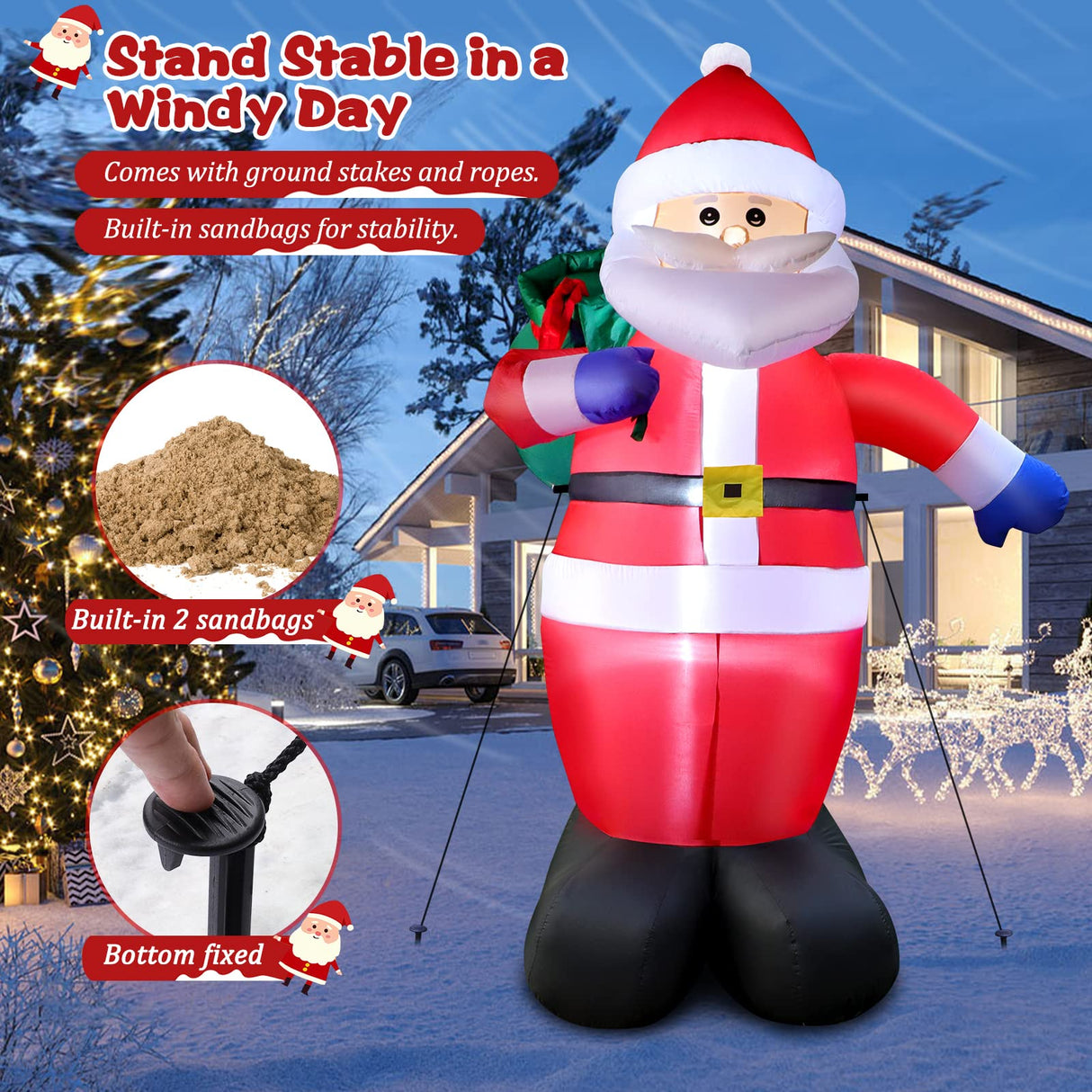 6 FT Christmas Inflatable Santa Claus Outdoor Decorations, Blow up Santa Claus with Gift Bag, Large Xmas Santa Carrying Present Sack, Outside Decor for Yard Garden Lawn Home Party, Built-in LED Lights FunFanso