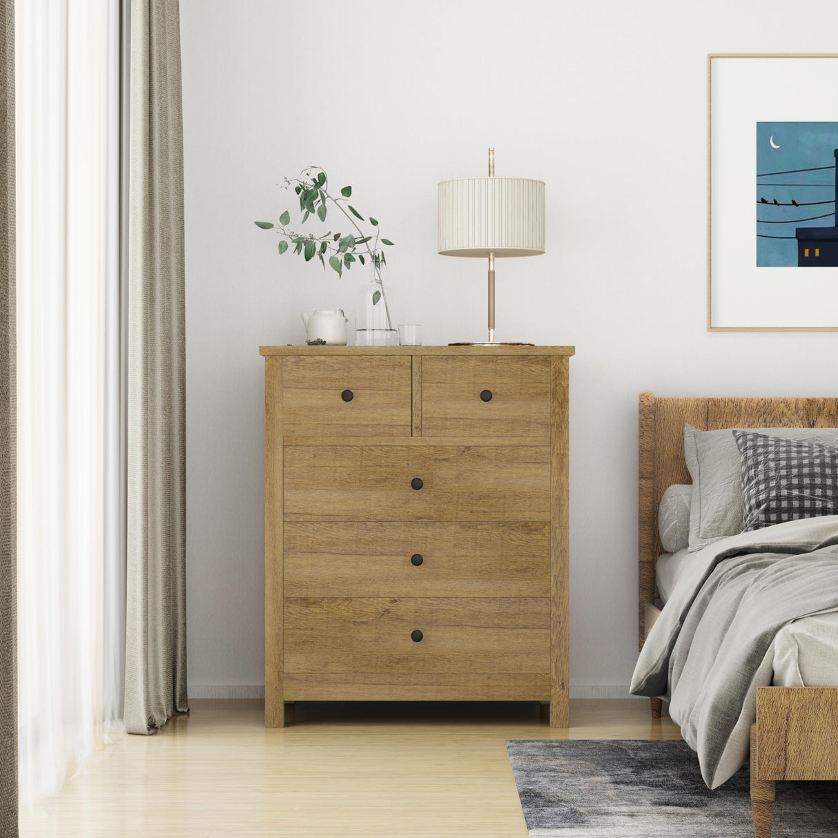 IDEALHOUSE Dresser for Bedroom, 5 Drawer Dresser Wood Dresser with Metal Handle, Modern Chest of Drawers for Bedroom, Entryway, Hallway, Light Brown IDEALHOUSE