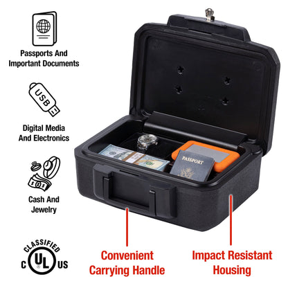 SentrySafe Fireproof Money Safe with Key Lock, Black Lock Box with Portable Carrying Handle for Travel, Exterior: 14.3 in. W x 11.2 in. D x 6.1 in H, 1200