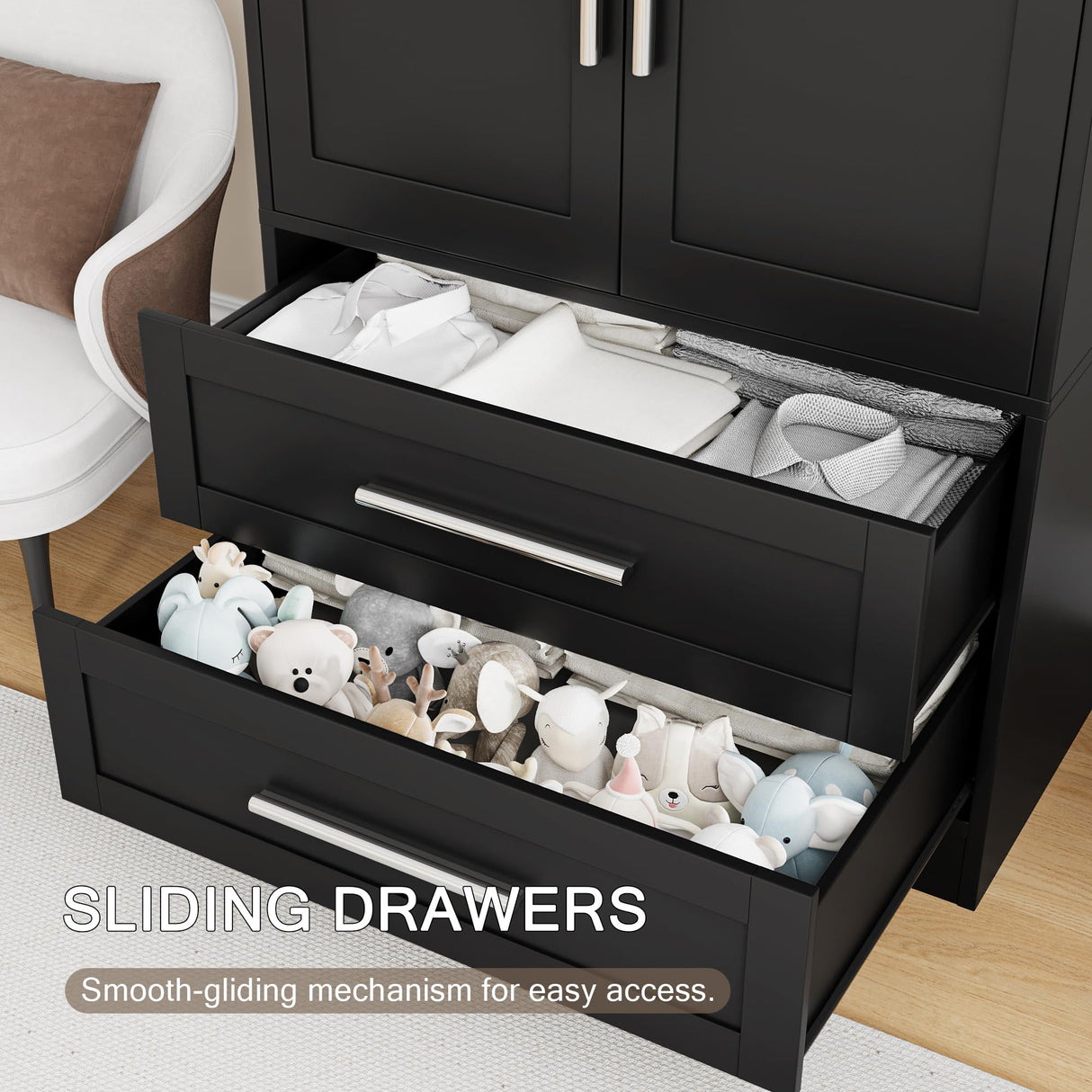 Einhomn Wooden Armoire Wardrobe Closet with 2 Doors and 2 Drawers,Freestanding Armoire Storage Cabinet with Shelves,Tall Clothing Storage Cabinet Suitable for Bedroom,Black Einhomn