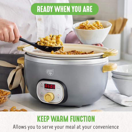GreenLife 6 Quart Ceramic Slow Cooker, PFAS-Free Programmable Removable Healthy Nonstick Pot for Family Meals, Sear on Stovetop Keep Warm, Digital Timer, Dishwasher Safe Glass Lid & Crock, Quartz Grey GreenLife