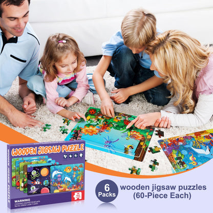 Roberly Wooden Puzzles for Kids Ages 4-8, 60 Pieces Jigsaw Puzzles for Kids 3 4 5 6 7 8 Preschool Learning Educational Puzzle Toys Set for Boys Girls - Dinosaur, Ocean, Animal, Insect, Space, Vehicles