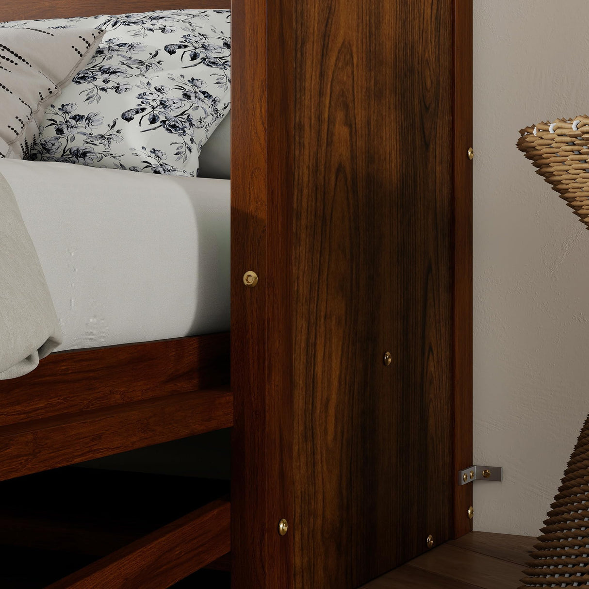 MaiDeHaoo Queen Size Murphy Bed with Desk, Space Saving Folding Wall Bed with Desk, Horizontal Wood Wall Bed Cabinet with Gas Struts for Small Room Bedroom Guest Room Home Office, Walnut MaiDeHaoo