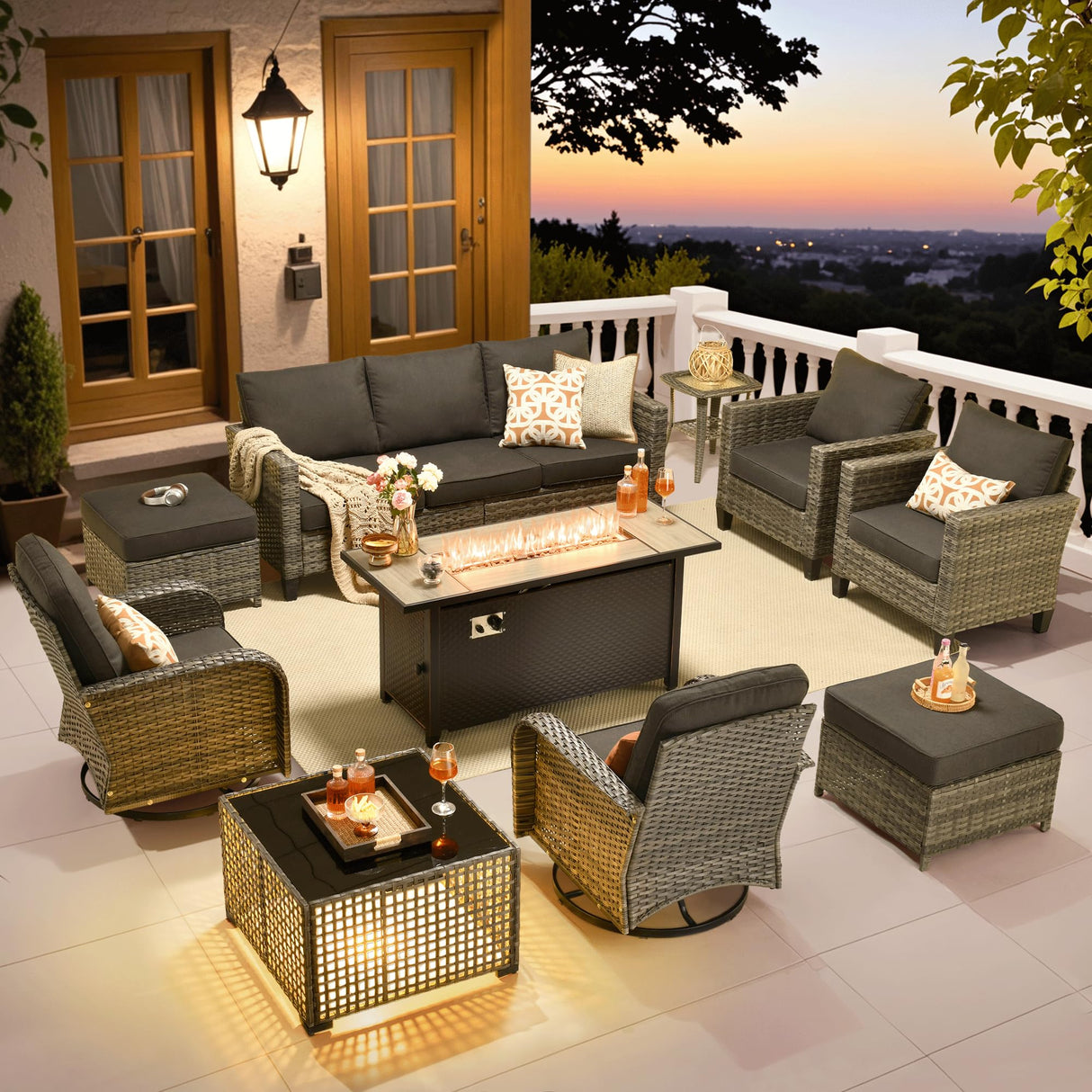 ovios 10 Pieces Patio Furniture Set, Outdoor Wicker Sofa Couch with Rocking Swivel Chairs Solar Lights Table Fire Pit, Modern Deep Seat Rattan Conversation Sets, Black ovios