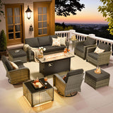 ovios 10 Pieces Patio Furniture Set, Outdoor Wicker Sofa Couch with Rocking Swivel Chairs Solar Lights Table Fire Pit, Modern Deep Seat Rattan Conversation Sets, Black ovios