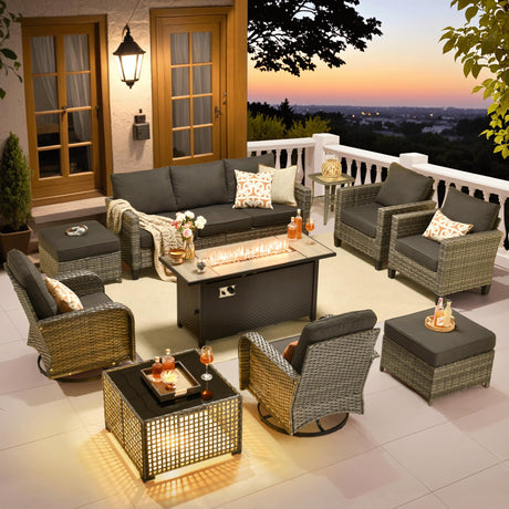 ovios 10 Pieces Patio Furniture Set, Outdoor Wicker Sofa Couch with Rocking Swivel Chairs Solar Lights Table Fire Pit, Modern Deep Seat Rattan Conversation Sets, Black ovios