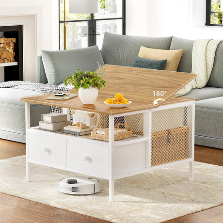 FABATO Flip Top Coffee Table, Square Coffee Tables Metal Wood, Farmhouse Lift Up Coffee Table Cocktail Table with Wire Mesh Barn Door and Storage, Steel Frame, Small Tea Table for Living Room, White FABATO