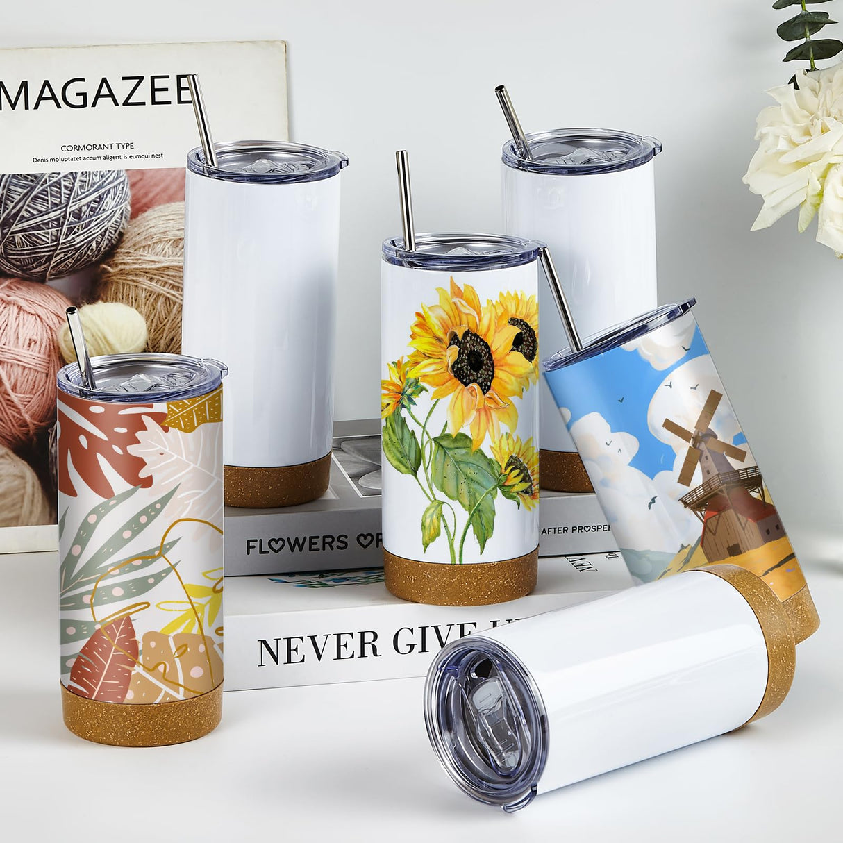 BetterSub 6 Packs 17oz Sublimation Cork Like Silcone Bottom Tumbler, Double Wall Insulated Stainless Steel Sublimation Blanks with Lid, Straw, Brush, Display Box for Office, Home BetterSub