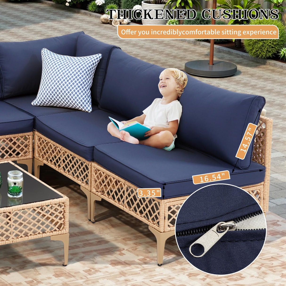 FHFO 7 Piece Outdoor Wicker Patio Furniture Set, Rattan Sectional Sofa Couch, Patio Conversation Set with Cushion & Coffee Table, for Backyard Poolside Porch Garden, Yellow/Blue FHFO