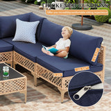 FHFO 7 Piece Outdoor Wicker Patio Furniture Set, Rattan Sectional Sofa Couch, Patio Conversation Set with Cushion & Coffee Table, for Backyard Poolside Porch Garden, Yellow/Blue FHFO