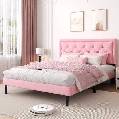 CXVX Queen Size Platform Bed Frame with Upholstered Velvet Button Tufted Headboard, Mattress Foundation with Wooden Slat Support, No Box Spring Needed, Easy Assembly, Noise Free, Pink