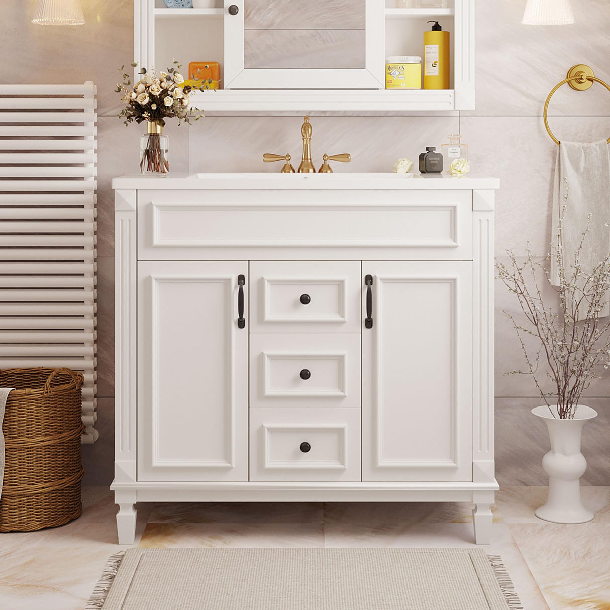 Merax 36" Bathroom Vanities with Single Sink, Modern Undermount Bathroom Sink Cabinet with 3 Closing Doors & 2 Full Extension Dovetail Drawers Merax