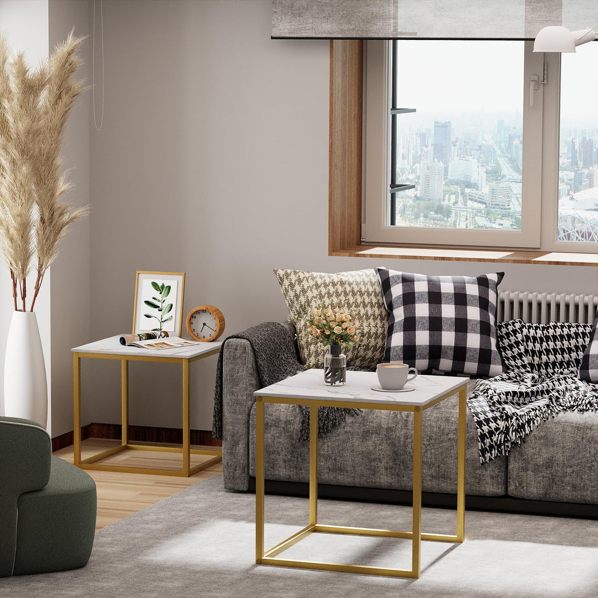 VILAWLENCE Modern Coffee Table Set of 2, Gold Wooden Nesting Side Table, Metal Frame Square End Table, Center Tables for Living Room,Bedroom and Small Spaces VILAWLENCE