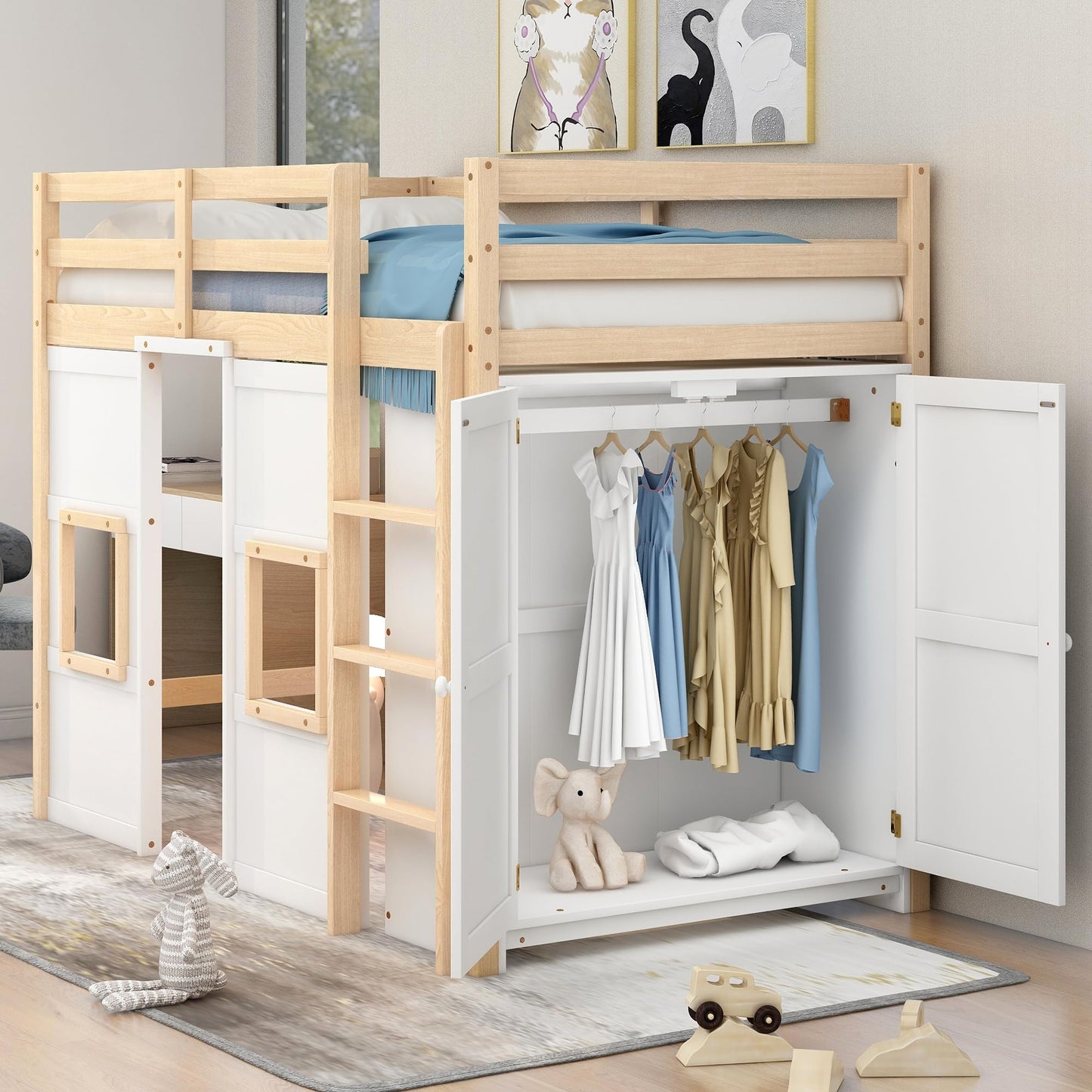 Harper & Bright Designs Twin Size Loft Bed with Storage Wardrobe, Playhouse Design, Guardrail & Ladder in Natural & White - WoodArtSupply