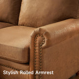 ONBRILL 84" Faux Leather Couch, Mid-Century Modern Couch w/Brass Nailhead Trim, 3 Seater Leather Sofa Couch w/Rolled Arm, Pocket Spring Cushions, Gourd Feet, Brown Couch Leather Sofas for Living Room ONBRILL