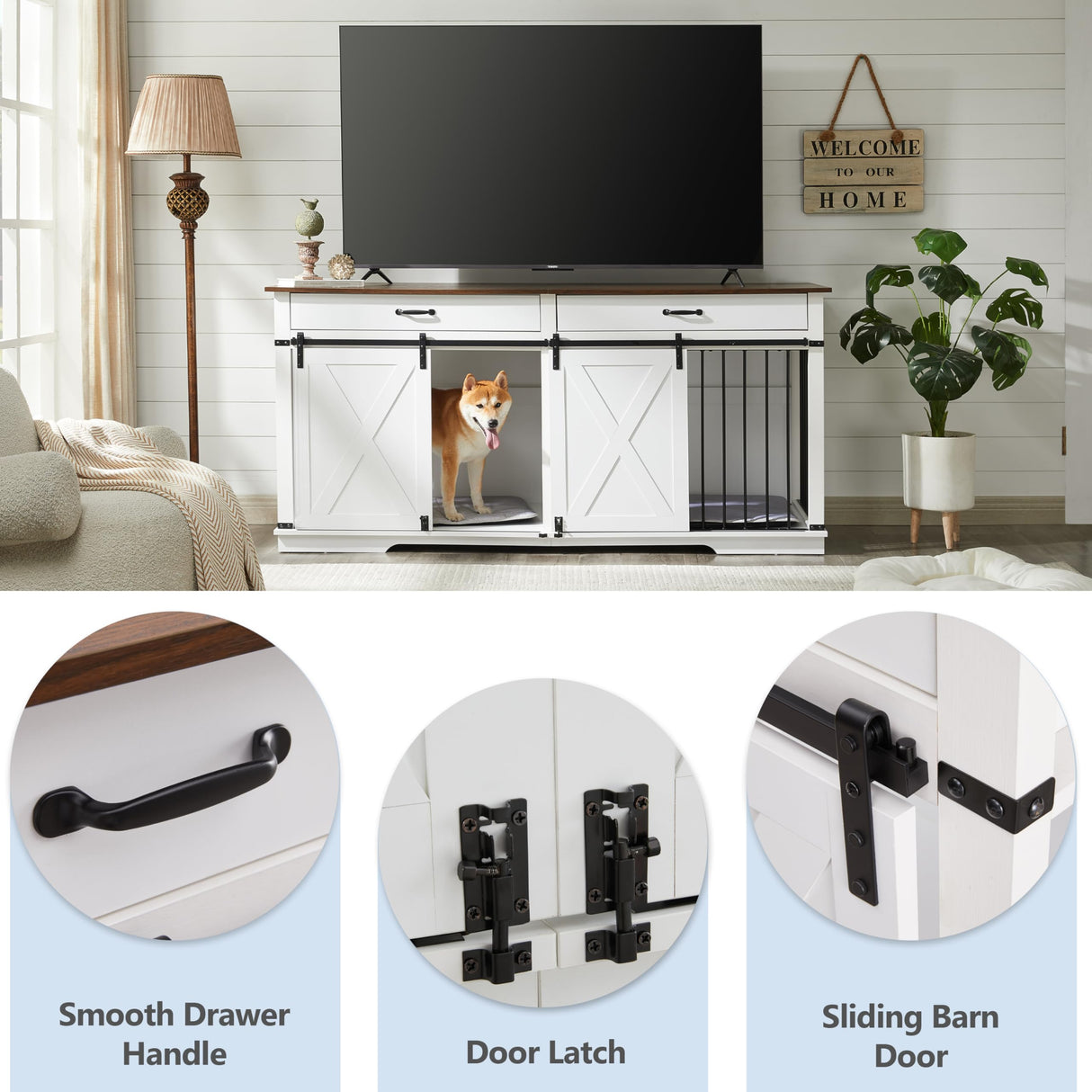 72.5" Extra Large Furniture Style Double Dog Crates for Large Breeds, XXL Wooden Dog Kennel Furniture with Drawers, Divider, Water Resistant & Barn Door for 2 Dogs, White EDYO LIVING