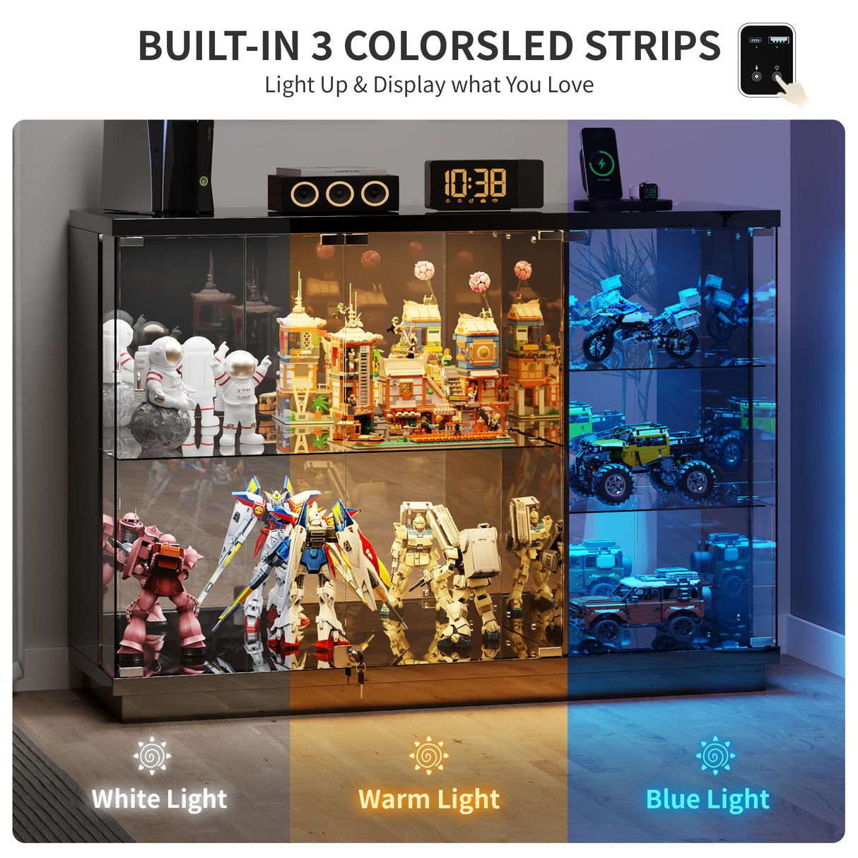 HNEBC Lockable Display Curio Cabinet with Glass Door,47.2" W Glass Display Cabinet with 3 Color Lights for Collectibles,5-Tier Lighted Display Case with Human Sensor,Living Room,Black HNEBC