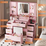 BORNOON Makeup Vanity with LED Light Strip Mirror and Chair, 7 Drawers & 2 RGB Cabinets White Vanity Makeup Desk with Power Strip, Adjustable LED Lighting, and Cushioned Stool for Women, Girls, Teens BORNOON