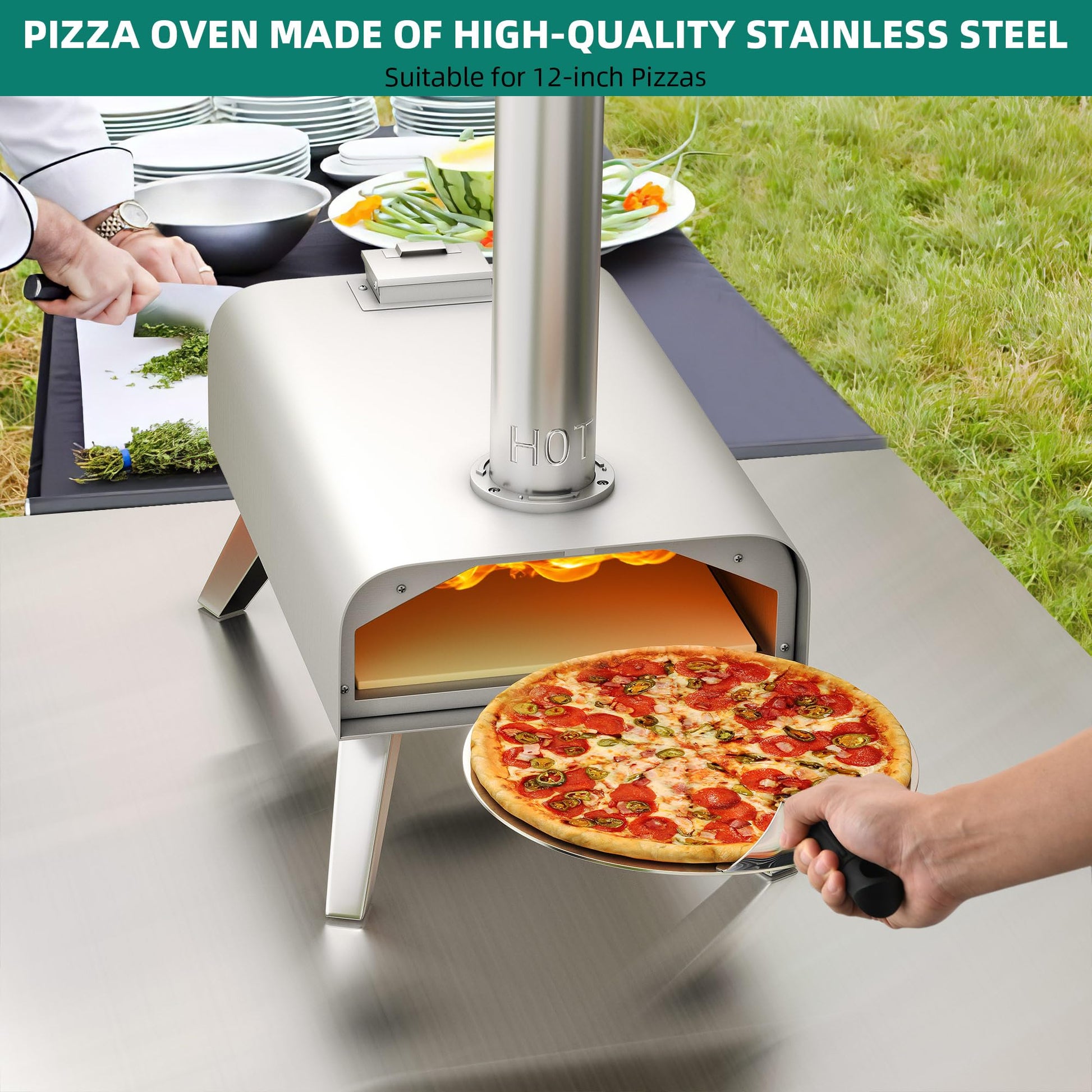 YITAHOME Wood Fired Outdoor Pizza Oven, 12" Portable Pellet Pizza Ovens with Pizza Peel & Pizza Cutter, Woodfire Pizza Maker for Outside Kitchen Cooking Stainless Steel Silver - WoodArtSupply