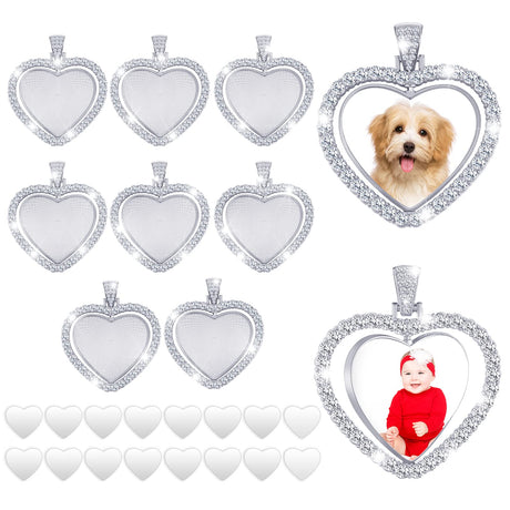 Hicarer 24 Pcs Sublimation Rhinestone Trays Pendant Set Including 8 Heart Shape Double Sided Blank Pendant Charms with 16 Sublimation Blank Discs for Necklaces Chains Jewelry Making Charms (White K) Hicarer