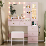 Vanity Desk with Mirror and Lights, Pink Makeup Vanity with 5 Drawers Hidden Jewelry Organizer& LED Glass Cabinet,3 Lights Mode and Brightness Adjusted,Vanity Mirror with Lights Desk and Chair HUANLEGO