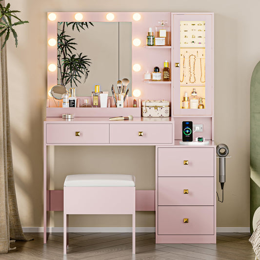 Vanity Desk with Mirror and Lights, Pink Makeup Vanity with 5 Drawers Hidden Jewelry Organizer& LED Glass Cabinet,3 Lights Mode and Brightness Adjusted,Vanity Mirror with Lights Desk and Chair