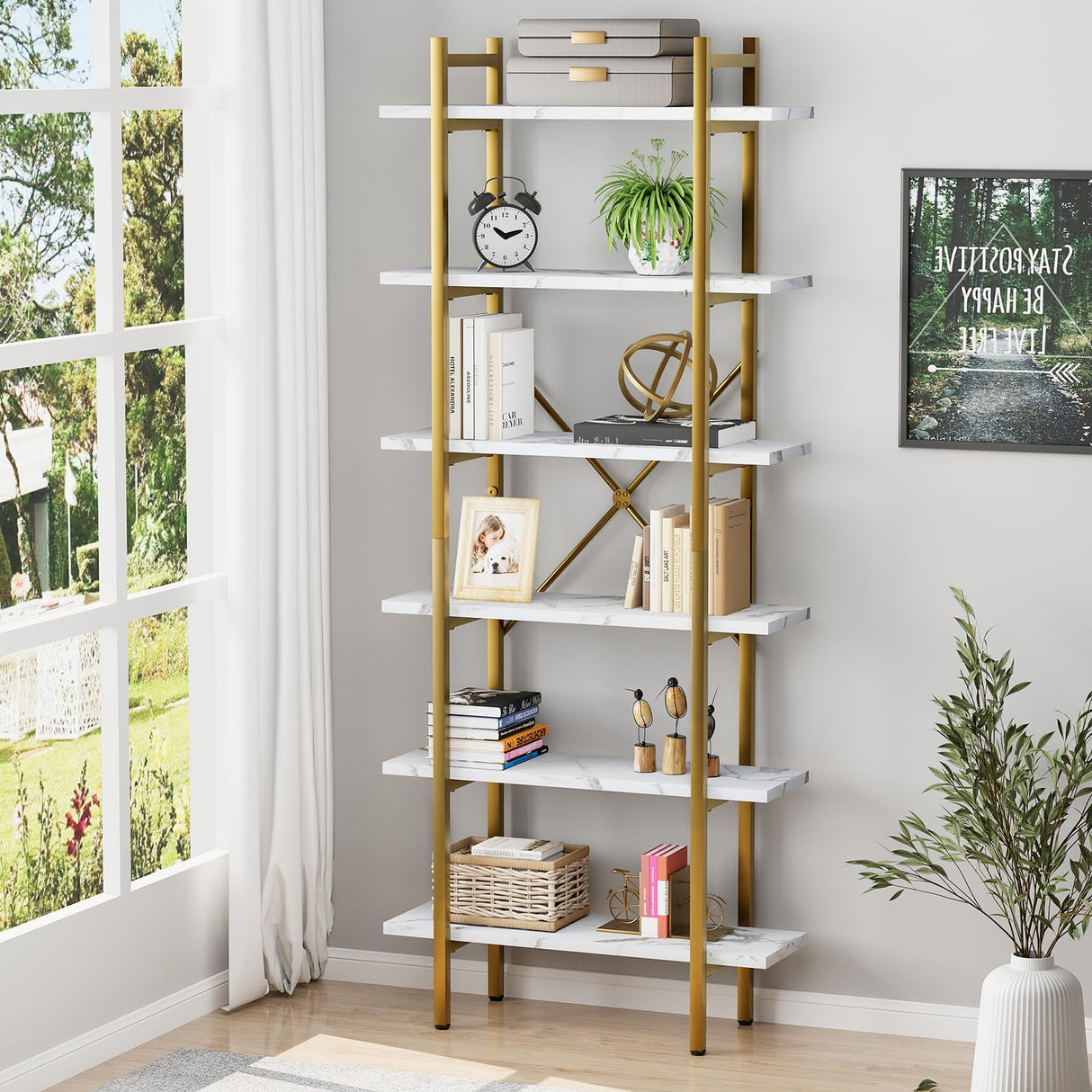 Azheruol 6 Tiers Bookshelf Organizer White Faux Marble Shelf,Modern Open Display Storage Bookcase, and Metal Bookshelf Standing Storage Shelf Tall Shelving Units for Home Office Study Azheruol