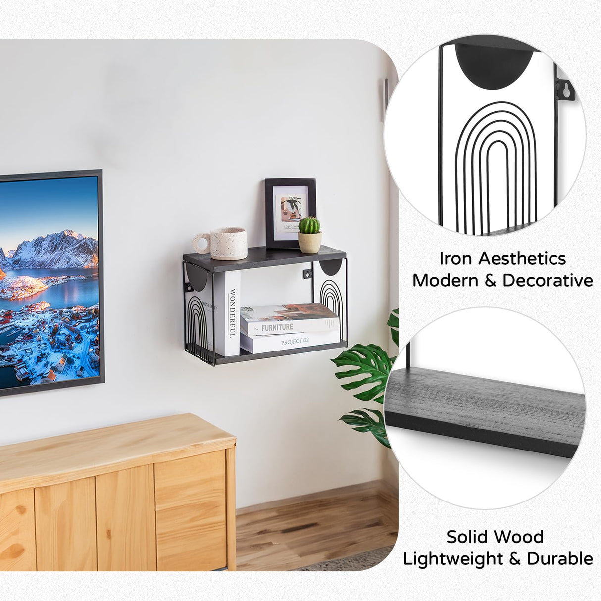 Walasis Black Nightstand Set of 2 - Floating Bedside Shelf Wood Wall Mounted Table Modern Hanging Night Stand Shelves Metal Walasis