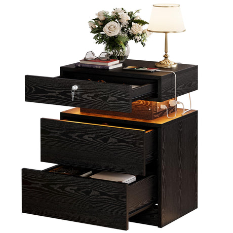 LIKIMIO Nightstand with Charging Station, Night Stand with Storage and LED Lights, Bedside Table with 3 Drawers, USB and Lock, Modern End Table for Bedroom LIKIMIO