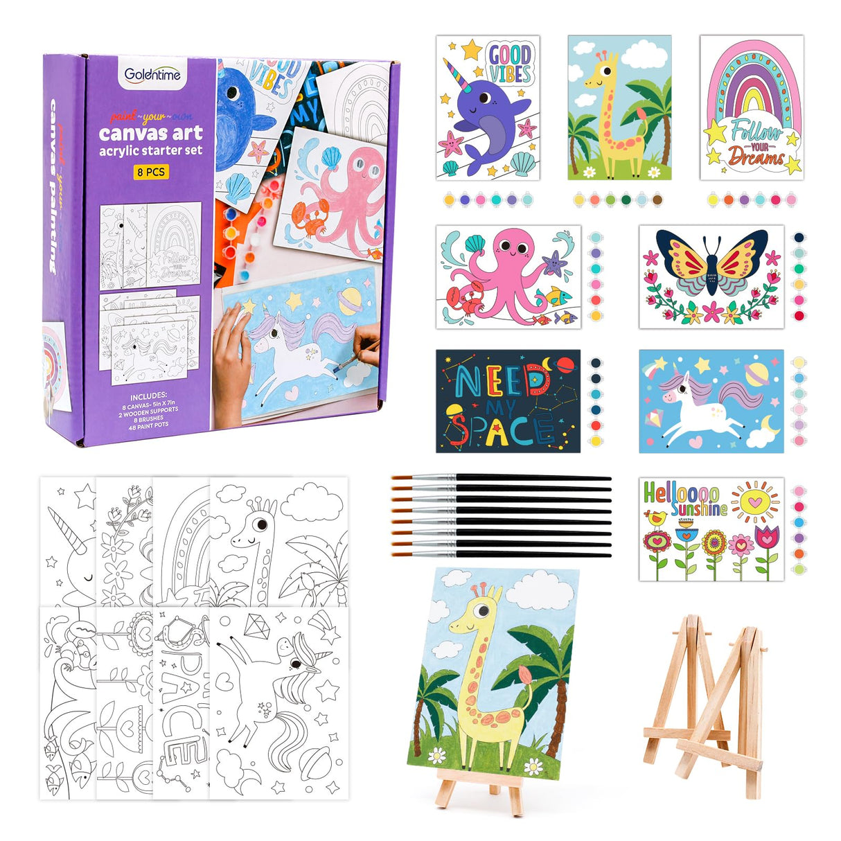 8 Packs 5x7 Pre Drawn Canvas Set,Paint by Numbers for Kids,48 Paints 8 Brushes 2 Easels,Pre-Printed Acrylic Oil Painting Kit Ages 8-12 9-12 4-8 goldentime