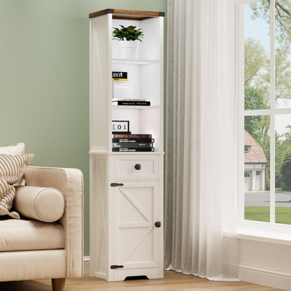 White Narrow Farmhouse Bookshelf with LED Lights, Storage Drawer, and Versatile Shelves