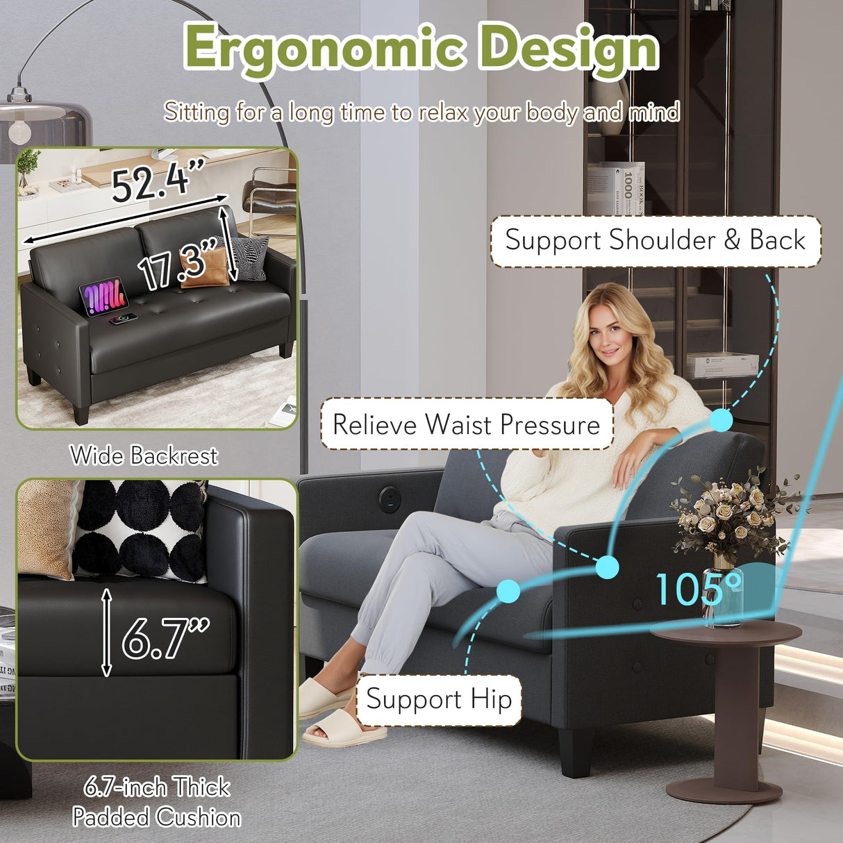 STHOUYN 59” Black Faux Leather Sofa Couch, Modern Comfy Office 2 Seater Couch Loveseat with USB and Tufted Armrest, Small Love Seat Couches for Living Room, Bedroom, Apartment STHOUYN