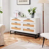 Mericonia 6 Drawer Double Dresser for Bedroom, Rattan Chest of Dressers, Modern Wooden Dresser Chest with Golden Handles for Bedroom,Living Room, Hallway and Entryway Mericonia