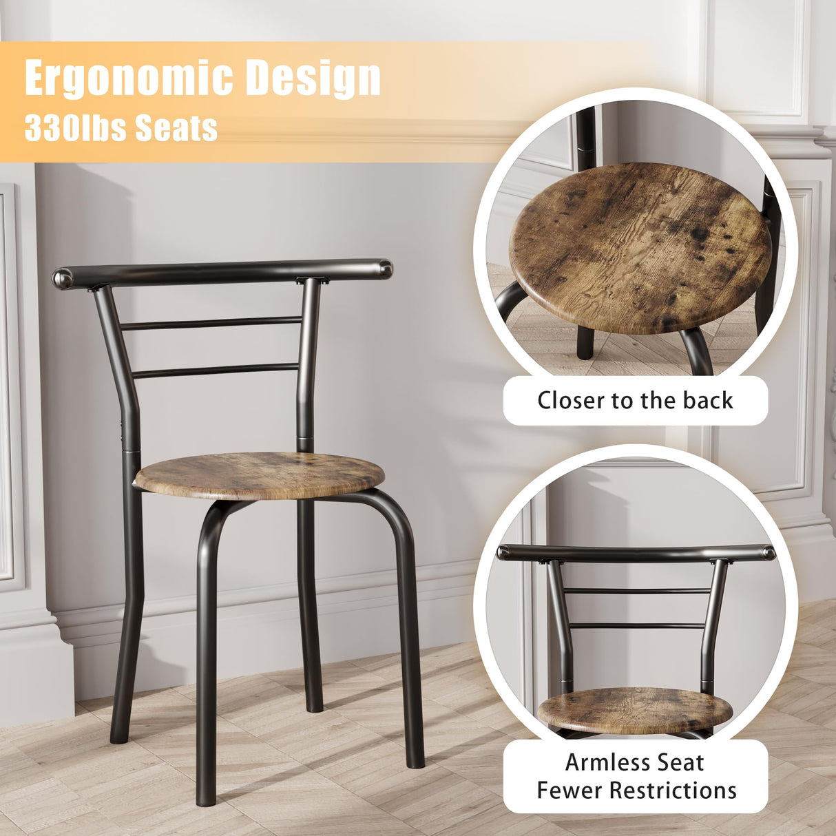 JUMMICO 3-Piece Wooden Round Table & Chair Set, Space Saving Kitchen Breakfast Nook Wood Grain Tabletop with Metal Frame and Built-in Wine Rack for Kitchen, Dining Room (Walnut/Black) JUMMICO